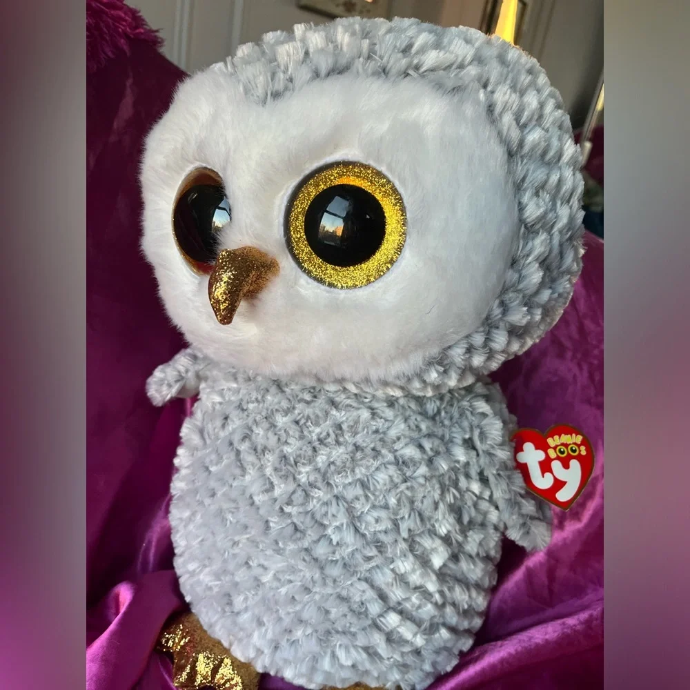 Ty Beanie Boo’s Owlette The Owl, 18” Large Plush Stuffed Animal Gray Gold NWT